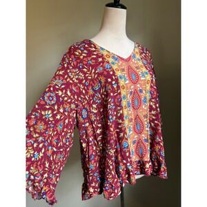 Haute Hippie Style 2X Boho Floral Ruffle Long Sleeve TunicTop whimsi fairy flowy